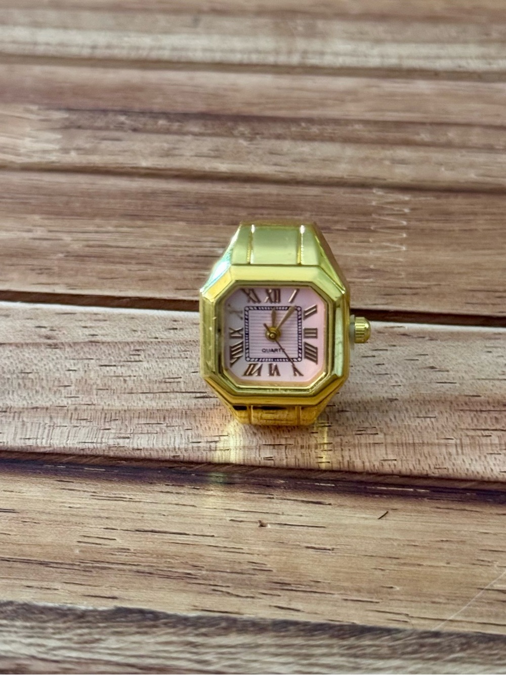 Gold Tone Octagonal Watch Ring with Pink Dial